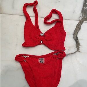 Hunza G Red Textured Two-Piece Bikini with heart detail
